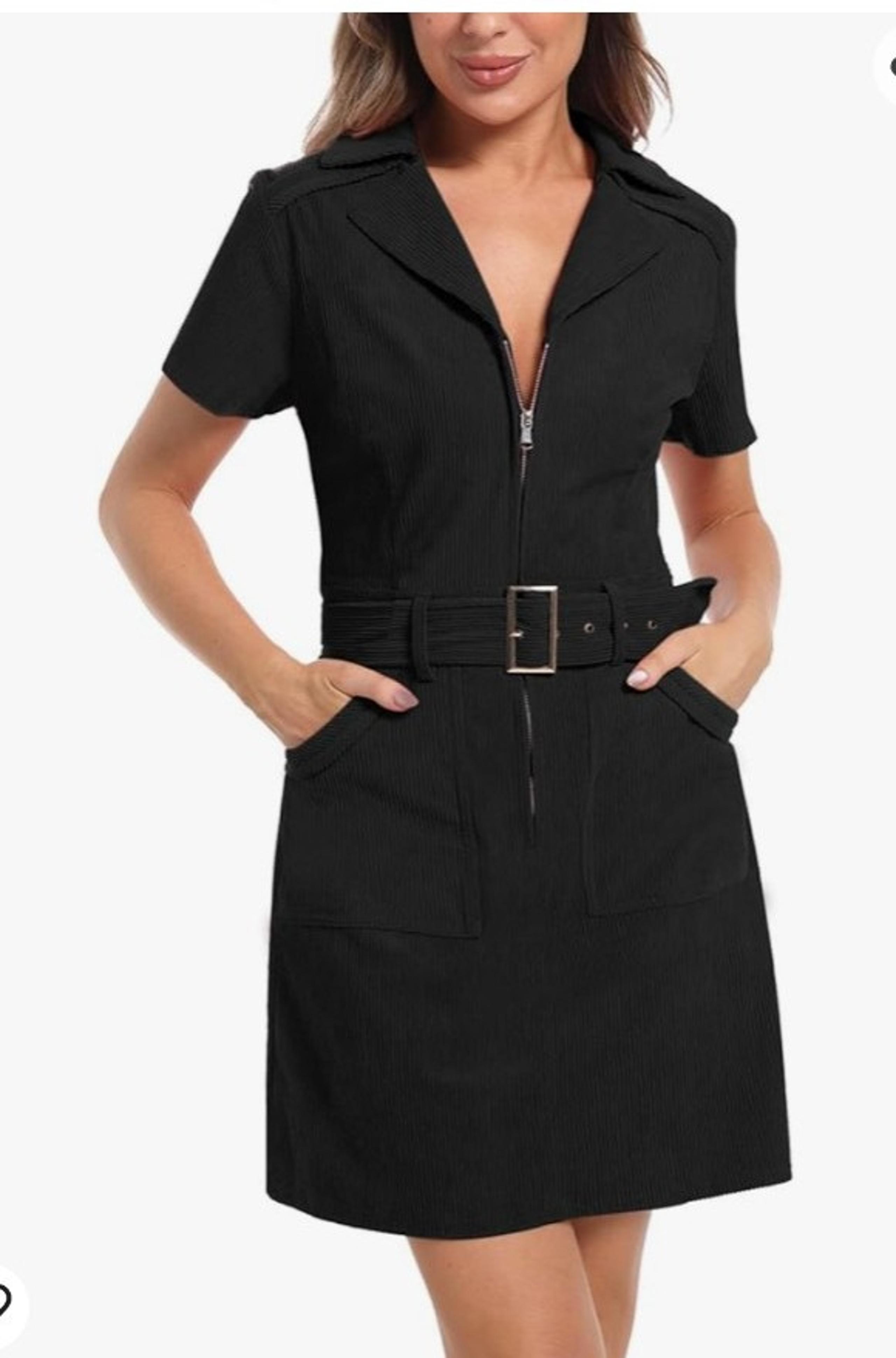 Xaspee Women's Corduroy Mini Dress Short Sleeve Lapel V Neck Zip Belted Short Co