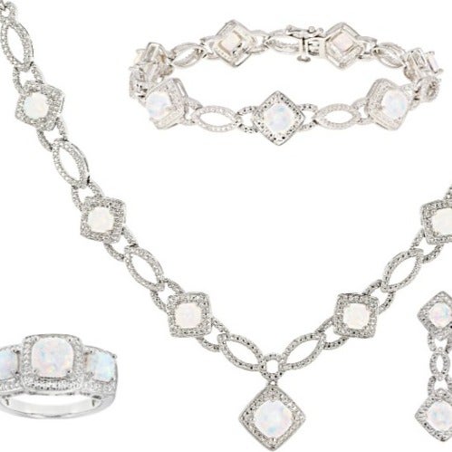 4 Pc Opal Set; Lab Necklace; Ring Size 8 & Earring Rhodium Plate over Brass NEW