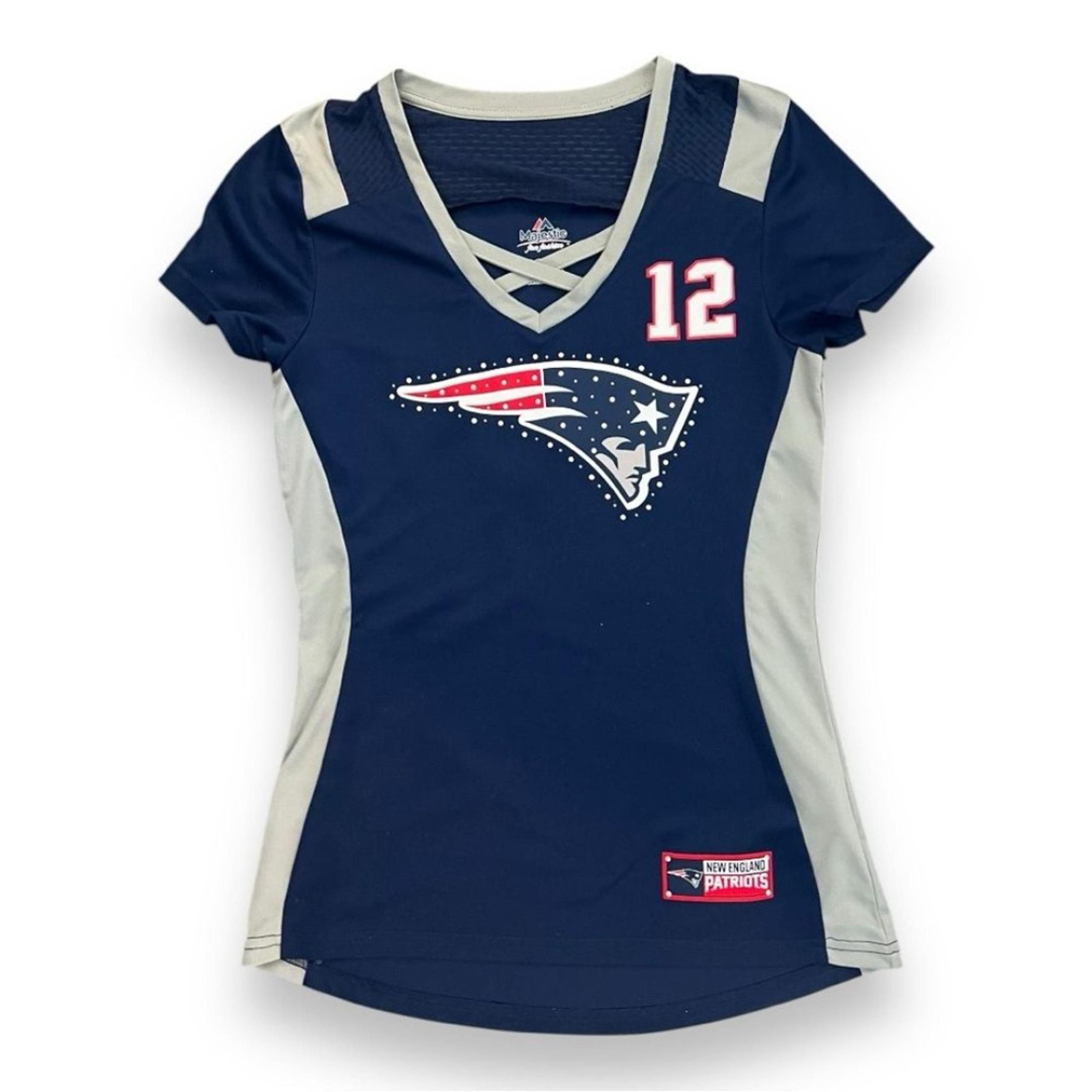 New England Patriots Jersey Tom Brady #12 Rhinestone Navy Blue Size S   V Neck