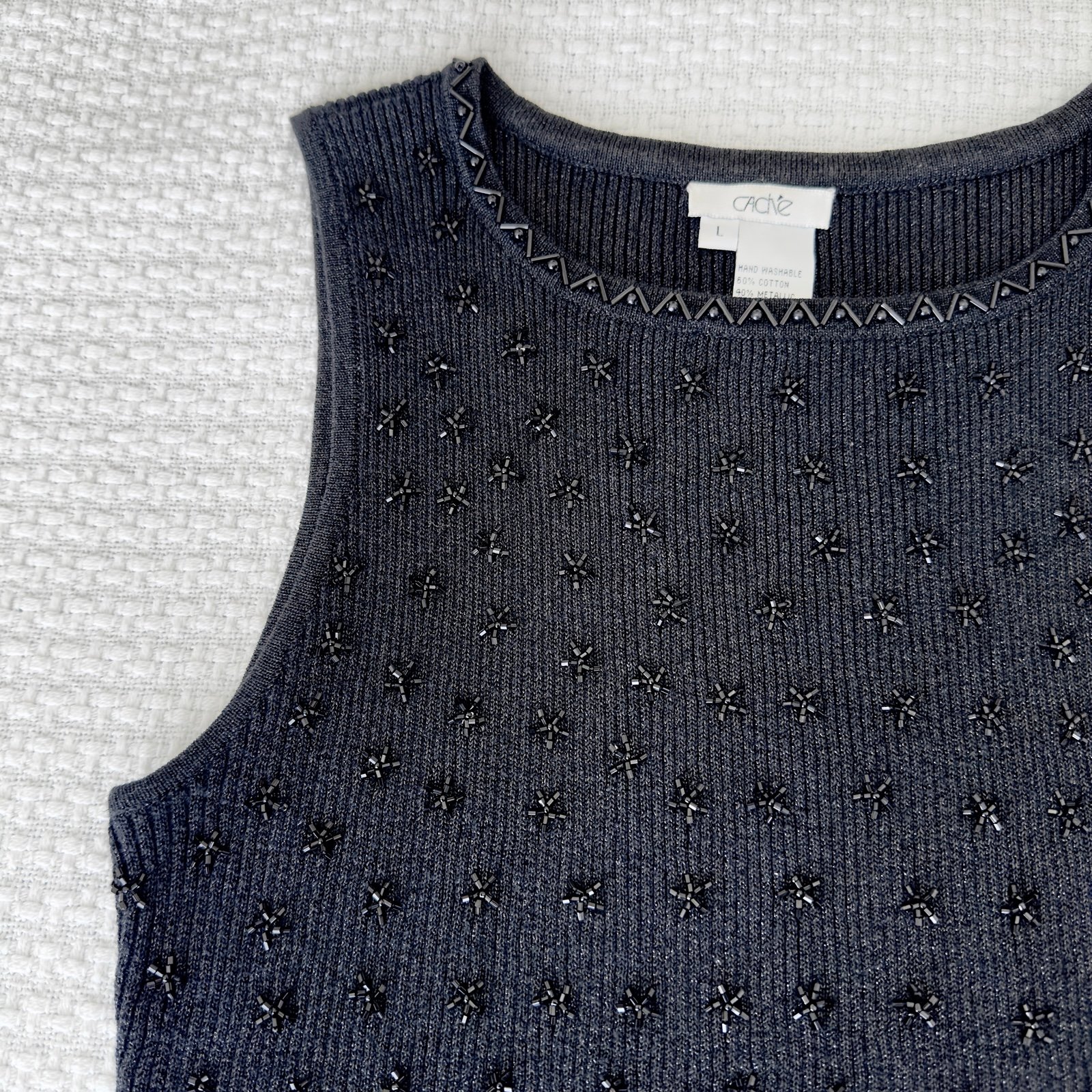 Cache black beaded tank top, women’s large, black ribbed stretch tank top shirt