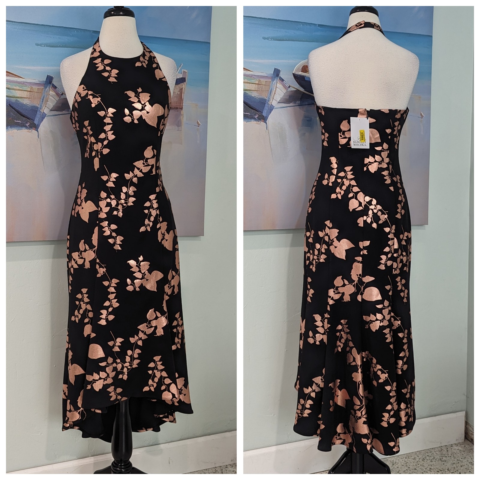 NWT Belle Badgley Mischka Kylie fluted halter dress