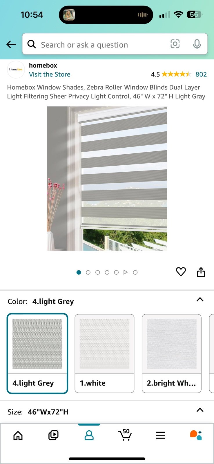 Homebox Zebra Roller Shade-Grey 46”W x 72”H