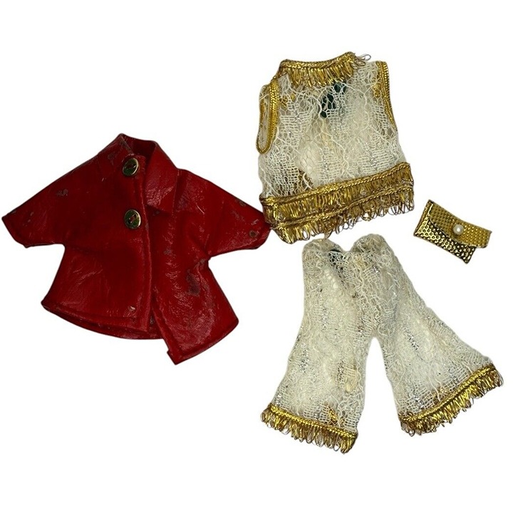 Vintage Uneeda MIKI Doll Outfit GROOVY FORMAL 2PC White Lace Gold + Red Raincoat