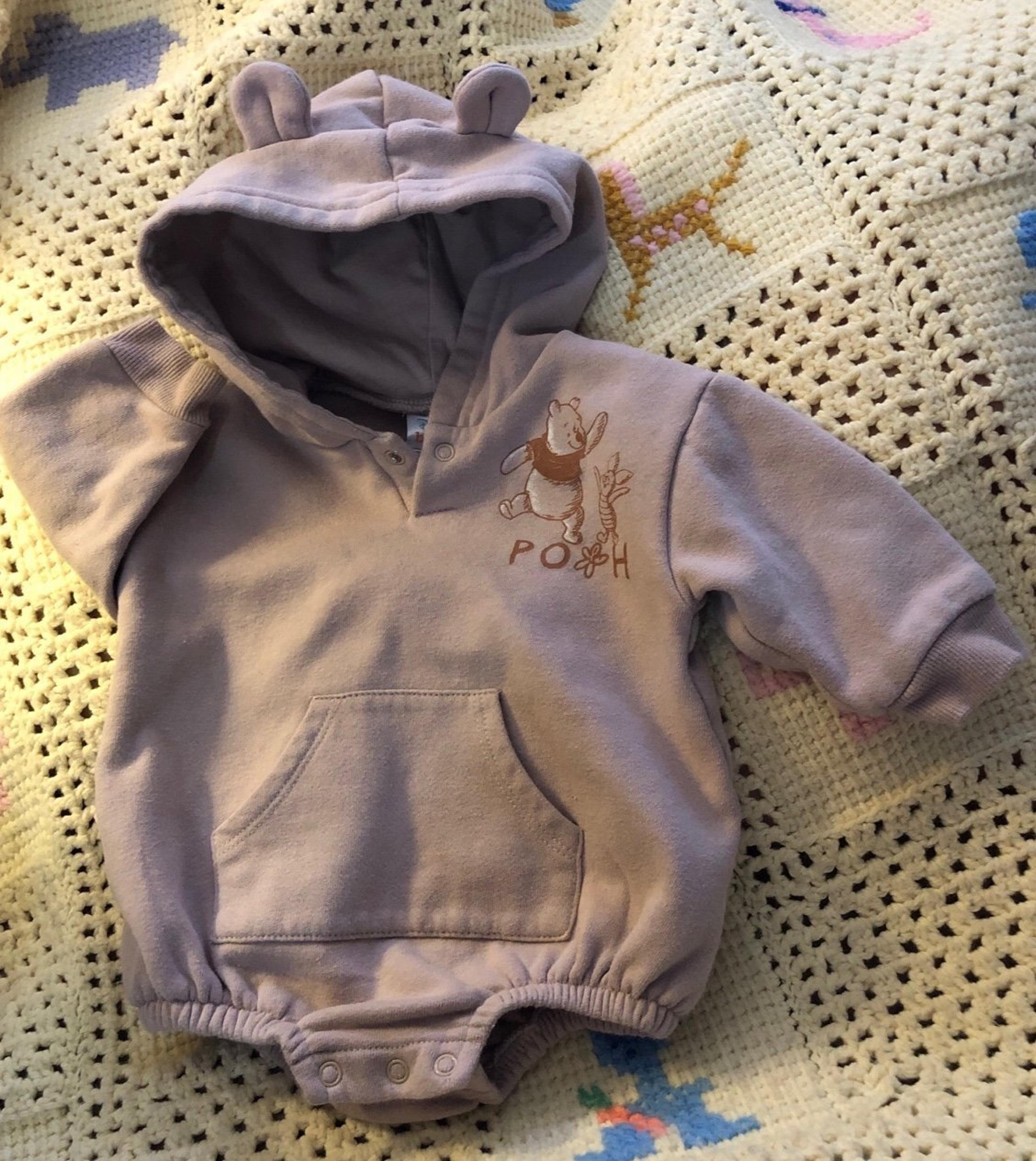 Winnie the Pooh Disney Baby 12M Beige Fleece Hoodie Pullover Romper w Ears Snaps