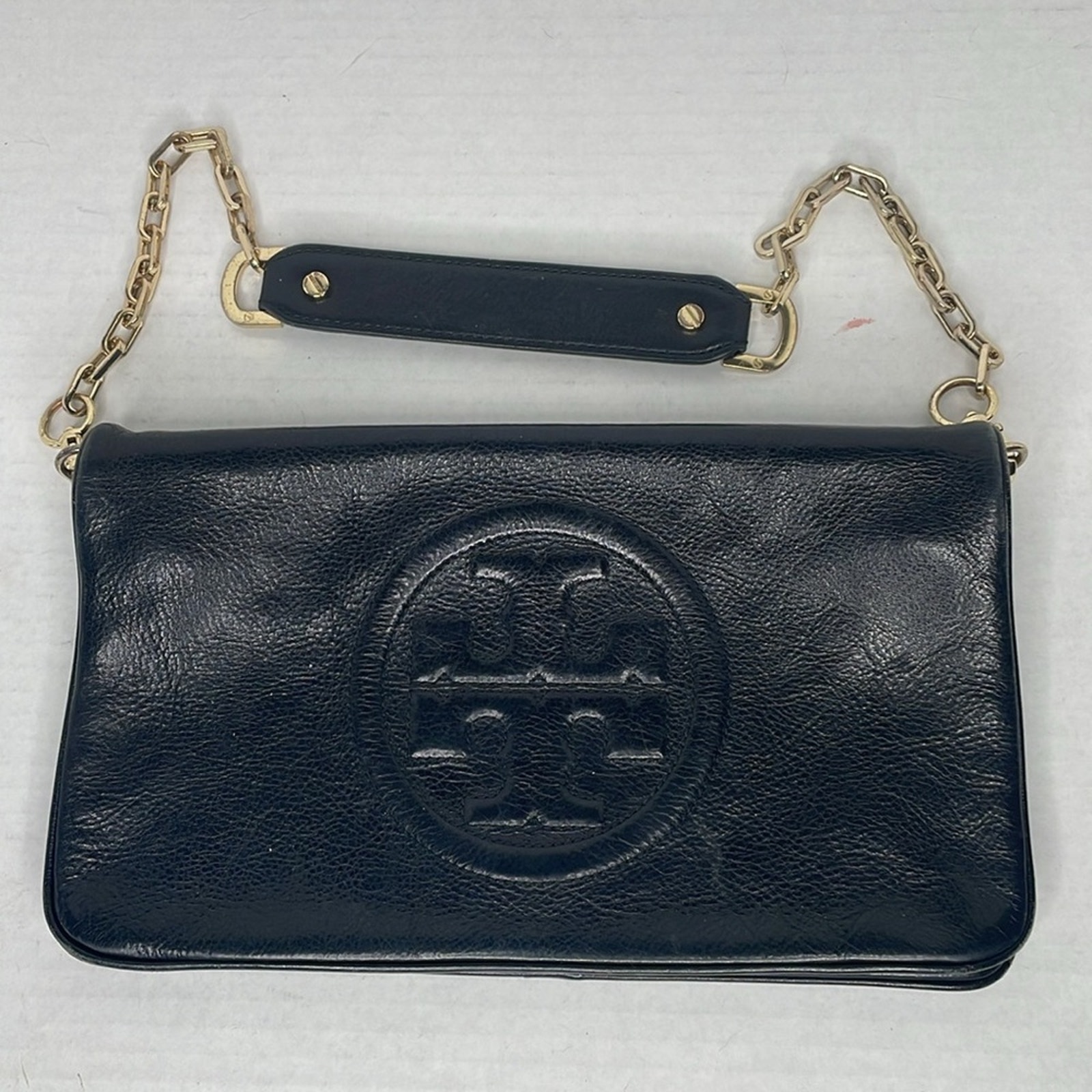 Tory Burch Reva black leather chain shoulder clutch bag