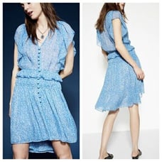 The Kooples Blue Lagoon Silk Floral Dot Ruffle Dress Size S
