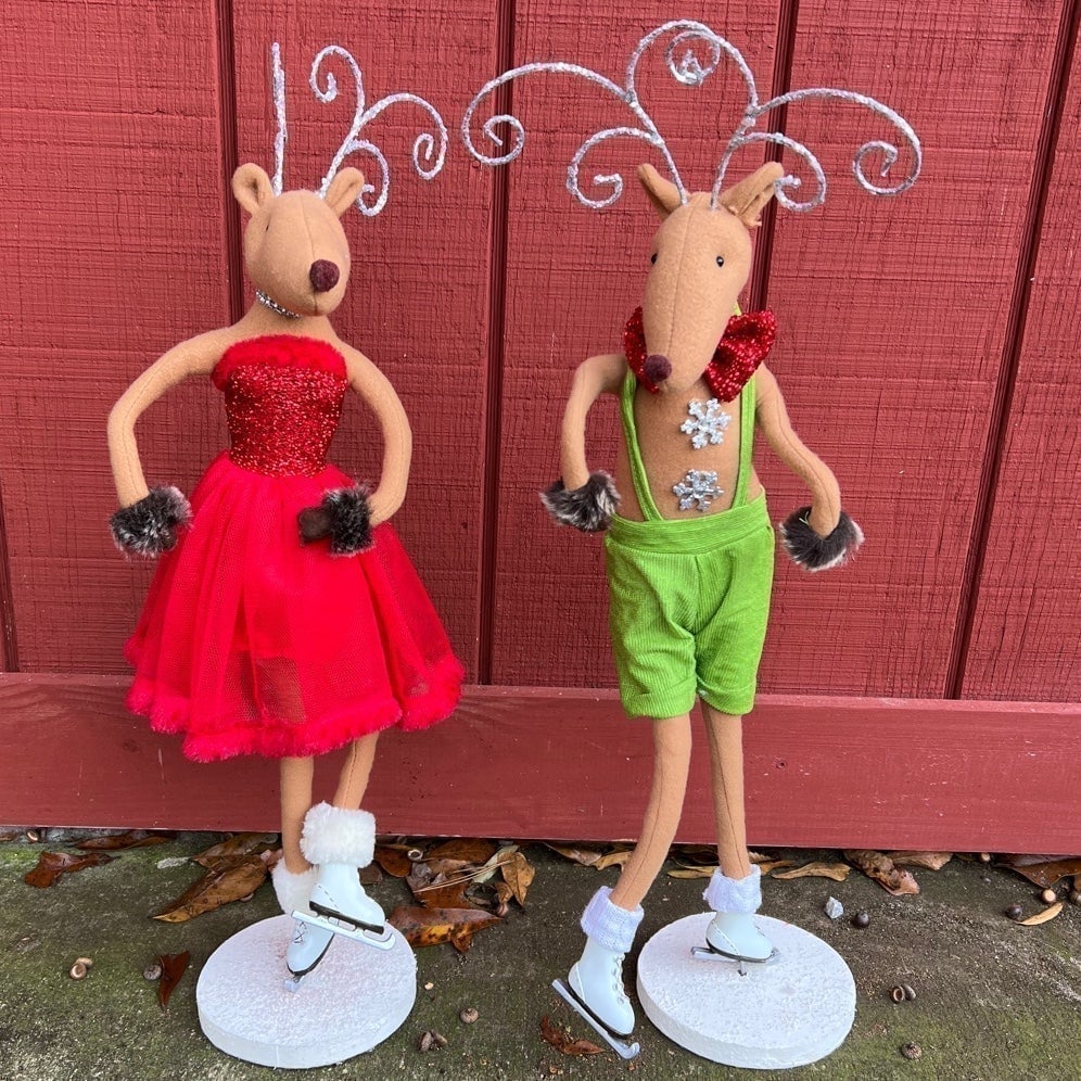 Mr. & Mrs. Skating Reindeer Vintage Christmas Decorations Plush Stuffed Animal