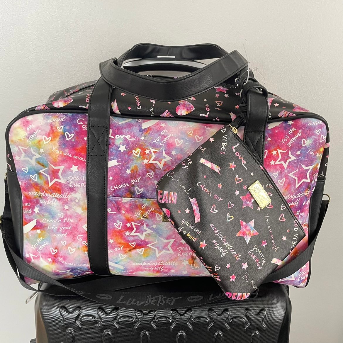 Betsey Johnson Positive Messages Faux Leather XXL Travel Weekender & Crossbody