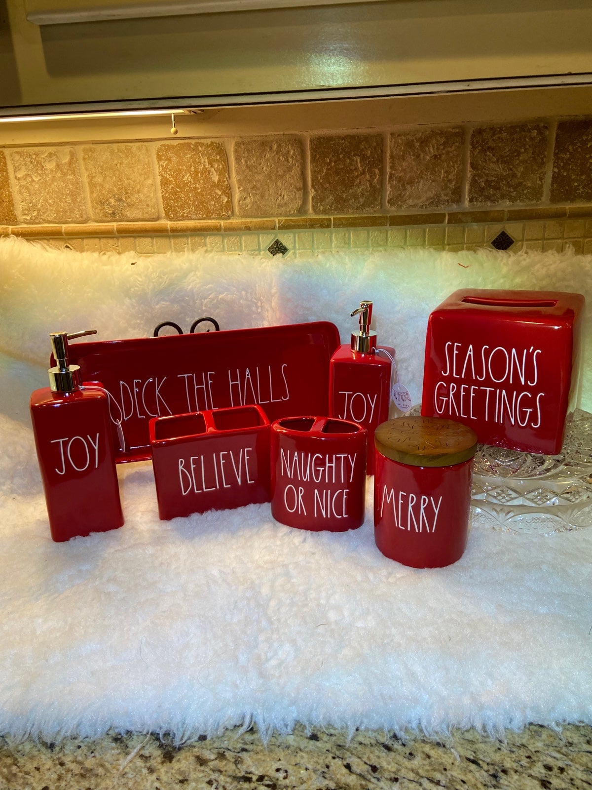 Rae Dunn Christmas joy bathroom set