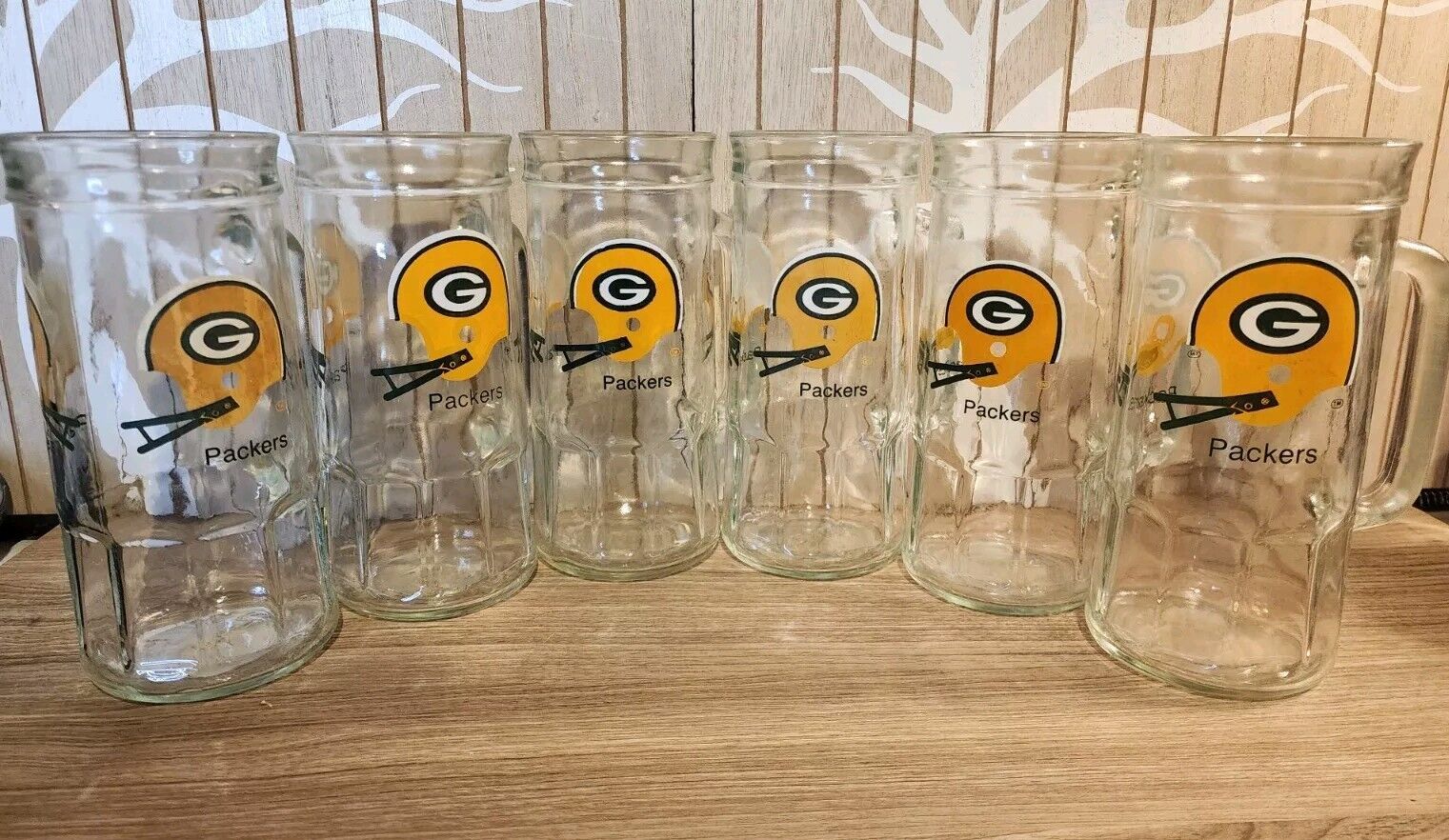 6 Vintage Green Bay Packers Fisher Nuts Glass Beer Mug Stein Peanuts Logo Helmet