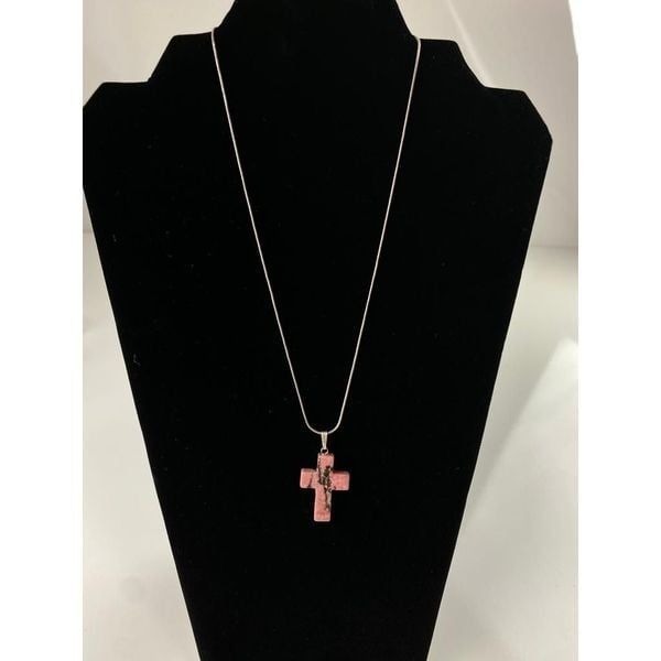 Vtg Rhodonite Stone Cross Pendent Lapidary w/ 925 Sterling Silver Italy Chain EE