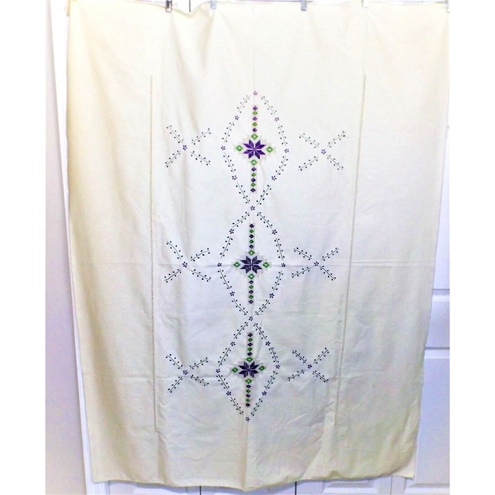 Vintage Embroidered 50 X 68 Beige Linen Tablecloth Purple and Green Design