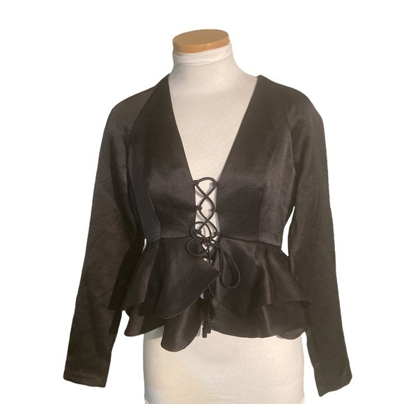 Alexis Reagan Lace Up Ruffle Top Blouse Black Satin Size S