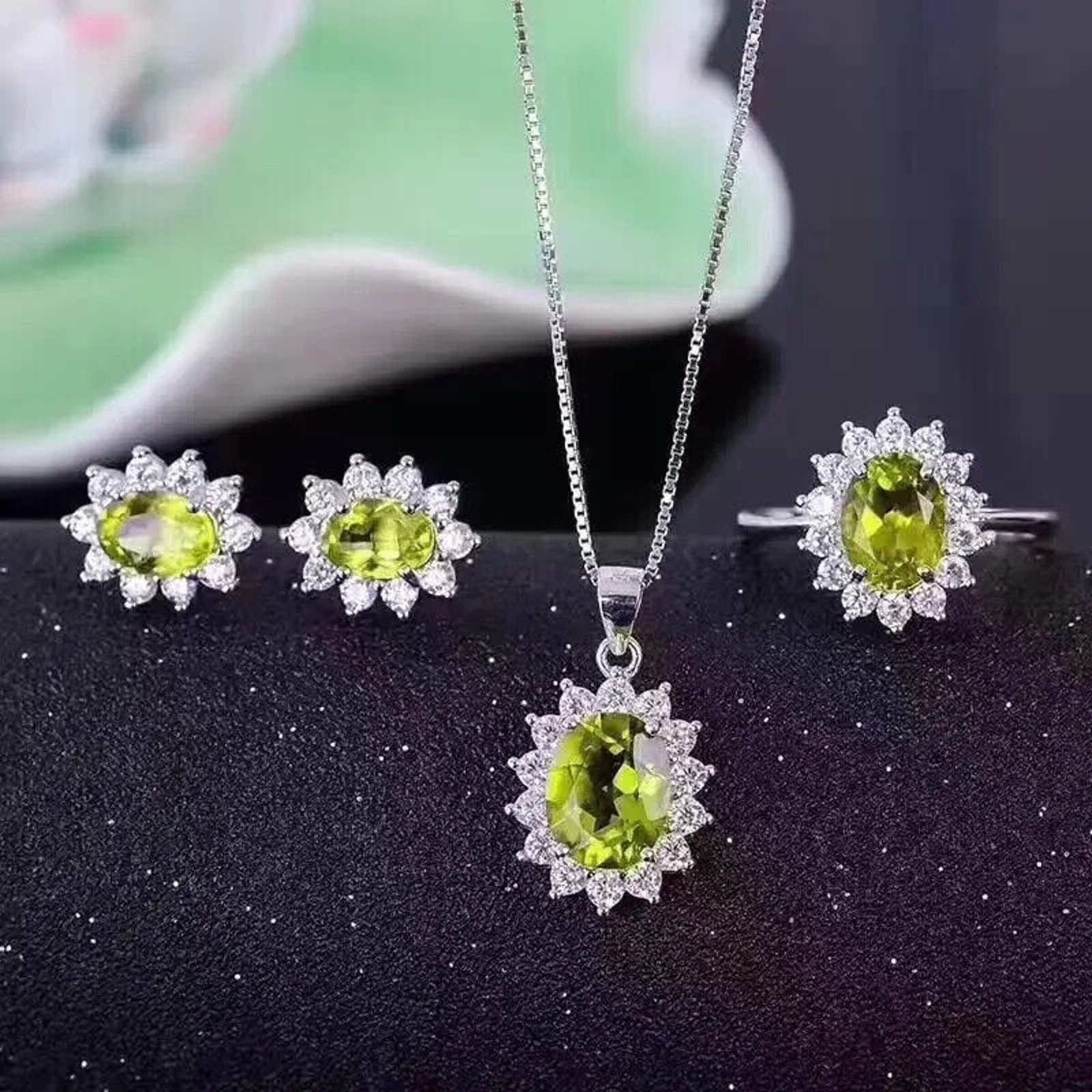 Peridot Birthstone Jewelry Set, Natural Peridot Women's Jewelry Sterling Silver