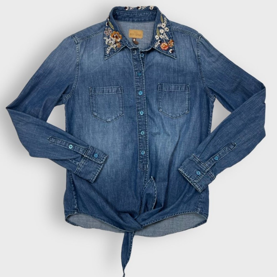 Driftwood Charlotte Chambray Floral Embroidered Collared Blouse Long Sleeve Med