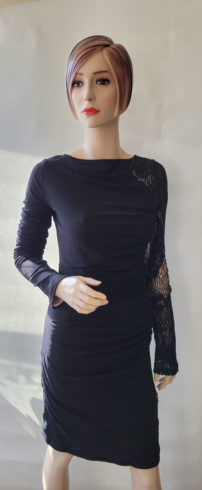 NEW Fuzzi Gaultier Soleil Black Body-Con Dress Lace Asymmetrical Sleeve NWT XXL