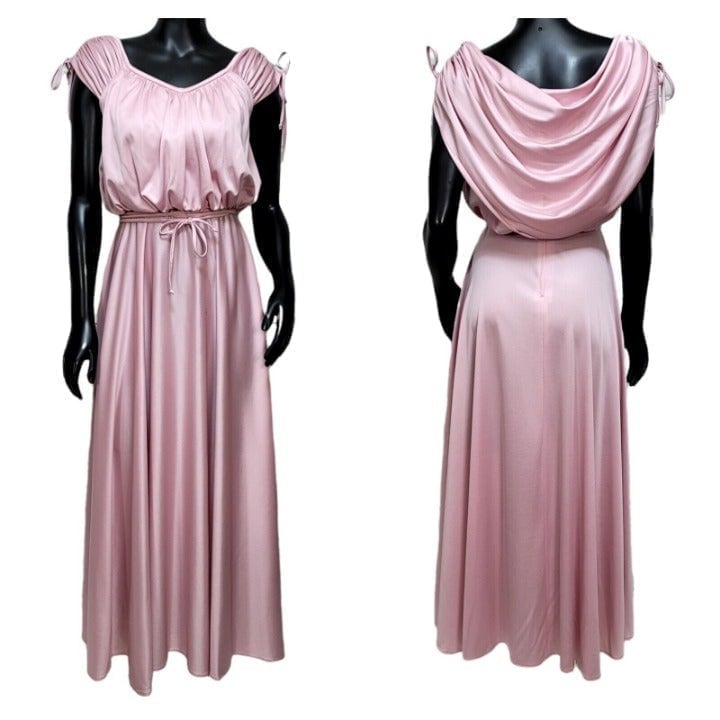 Vintage 70s Union Made Pink Draped Back Cinched Shoulder Disco Dress Tie Belt