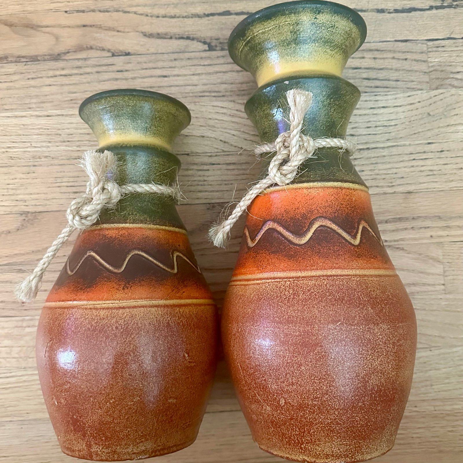 Vintage Authentic 2Native Pueblo Painted Glazed Pots decorative rope accents,