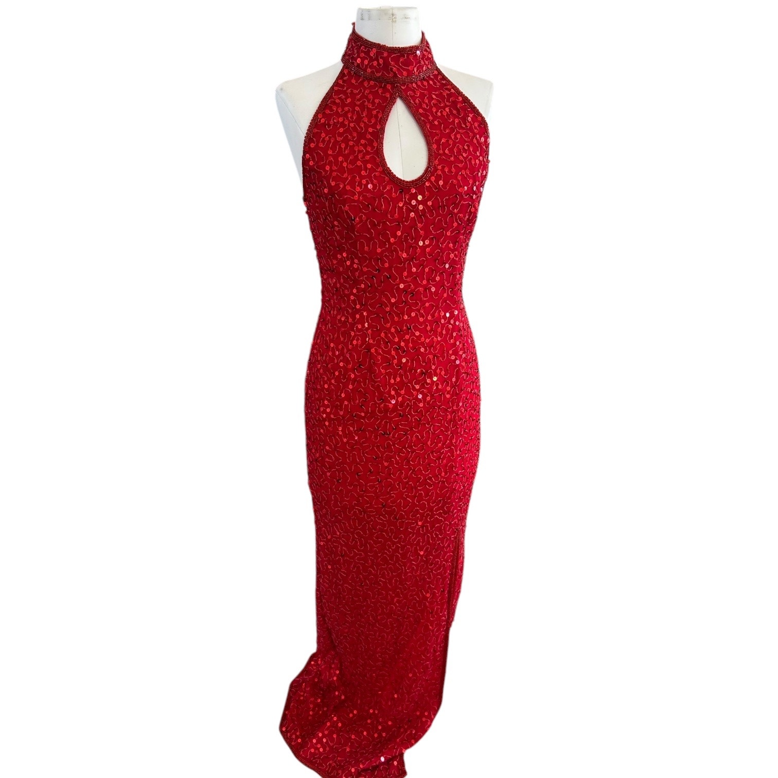 Scala Vintage 80s Red Beaded Sequin Sheath Evening Dress Formal Glamourcore M