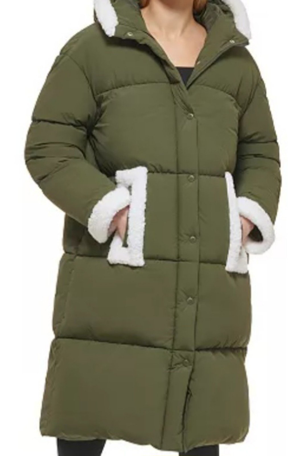 Levi's Womens Full Length Hooded Sherpa Trim Puffer Coat Green Size Small NWT