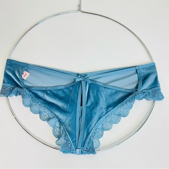 NWT Victoria’s Secret Blue Velvet Lace Cut Out Bow Strappy Cheeky Panty