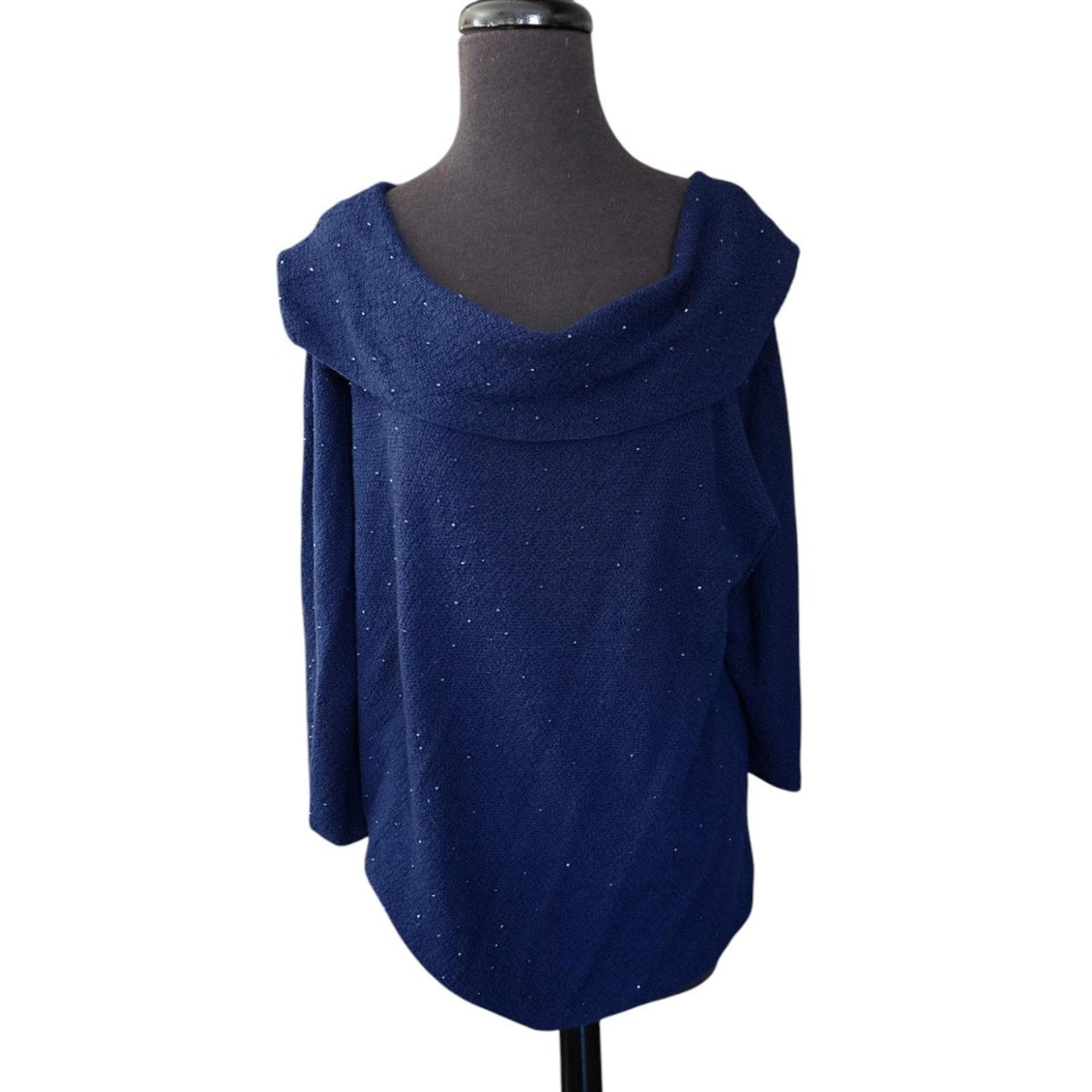 Eileen Fisher Woman Cowl Neck Fine Knit Merino Wool Sweater Blue Sequin Size 1X