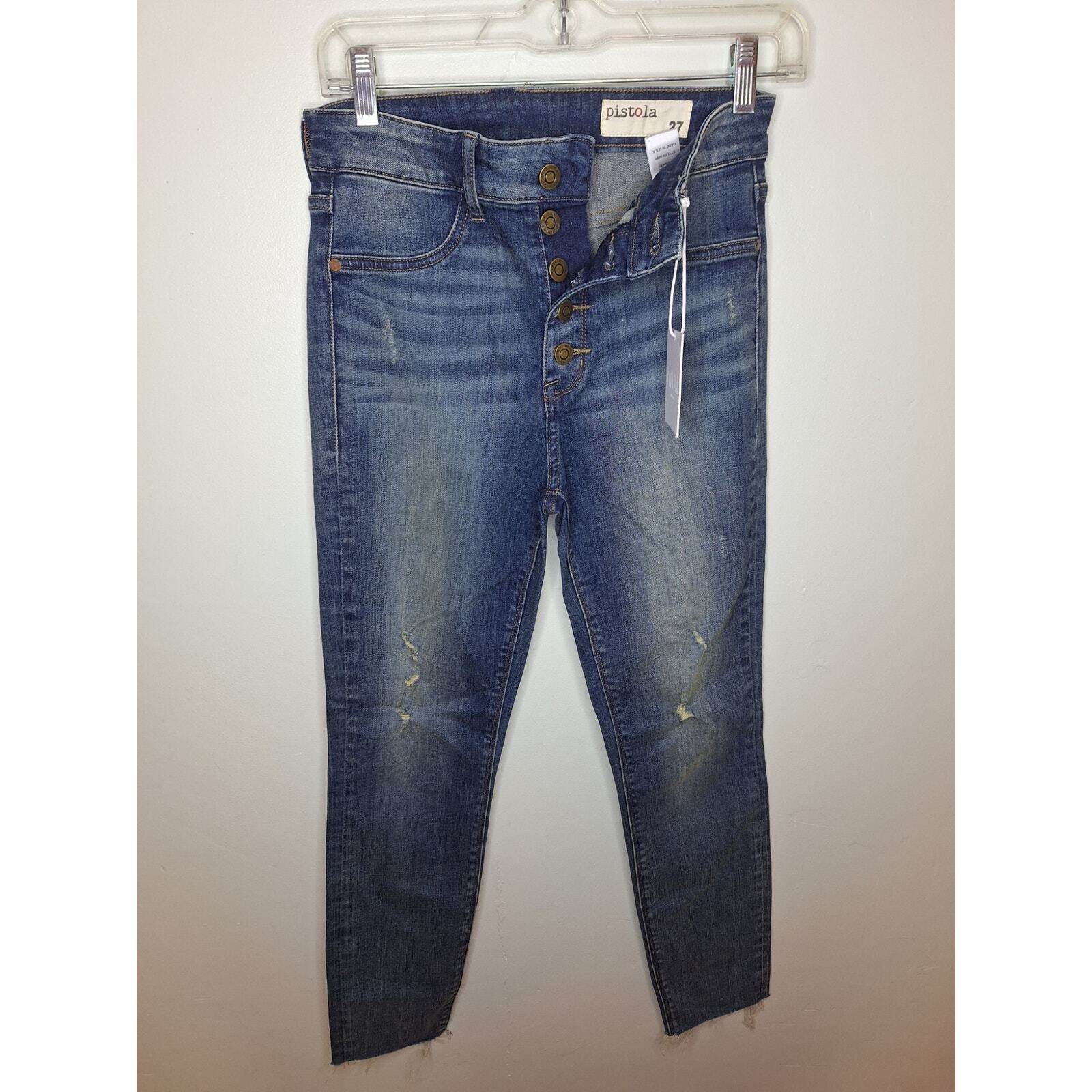 Pistola Women's Size 27 Button Fly Jeans Blue Medium Wash Denim Raw Hem NWT