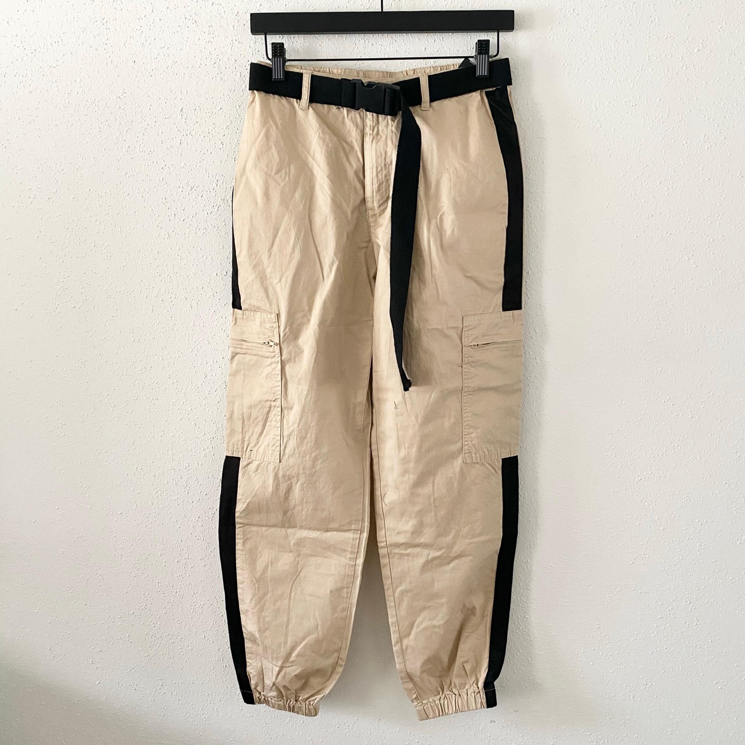 FOREVER 21 Womens XS Khaki High Rise Side Striped Belted Baggy Cargo Pants Beige