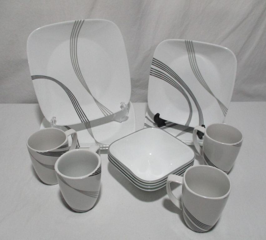 Corelle Urban Arc black gray square dishes plates bowls mugs 16 PIECE SET