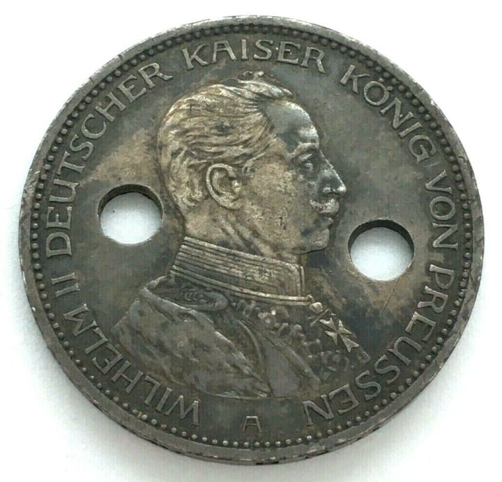 1914-A German States Prussia 3 Mark Toned Holes %90 Silver