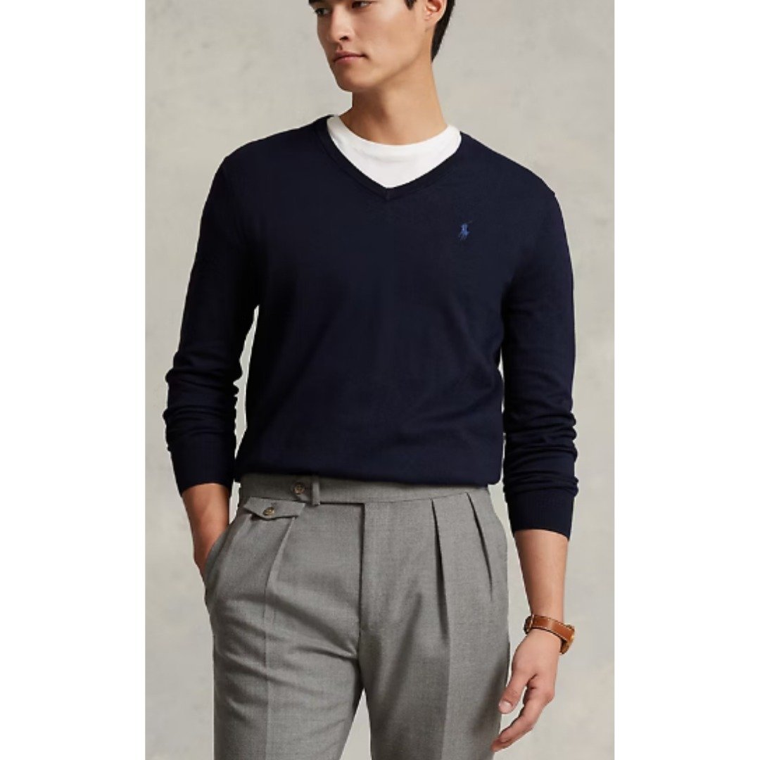 Ralph Lauren Men's Pima Cotton V-Neck Sweater Size L Pony Logo Pullover Black