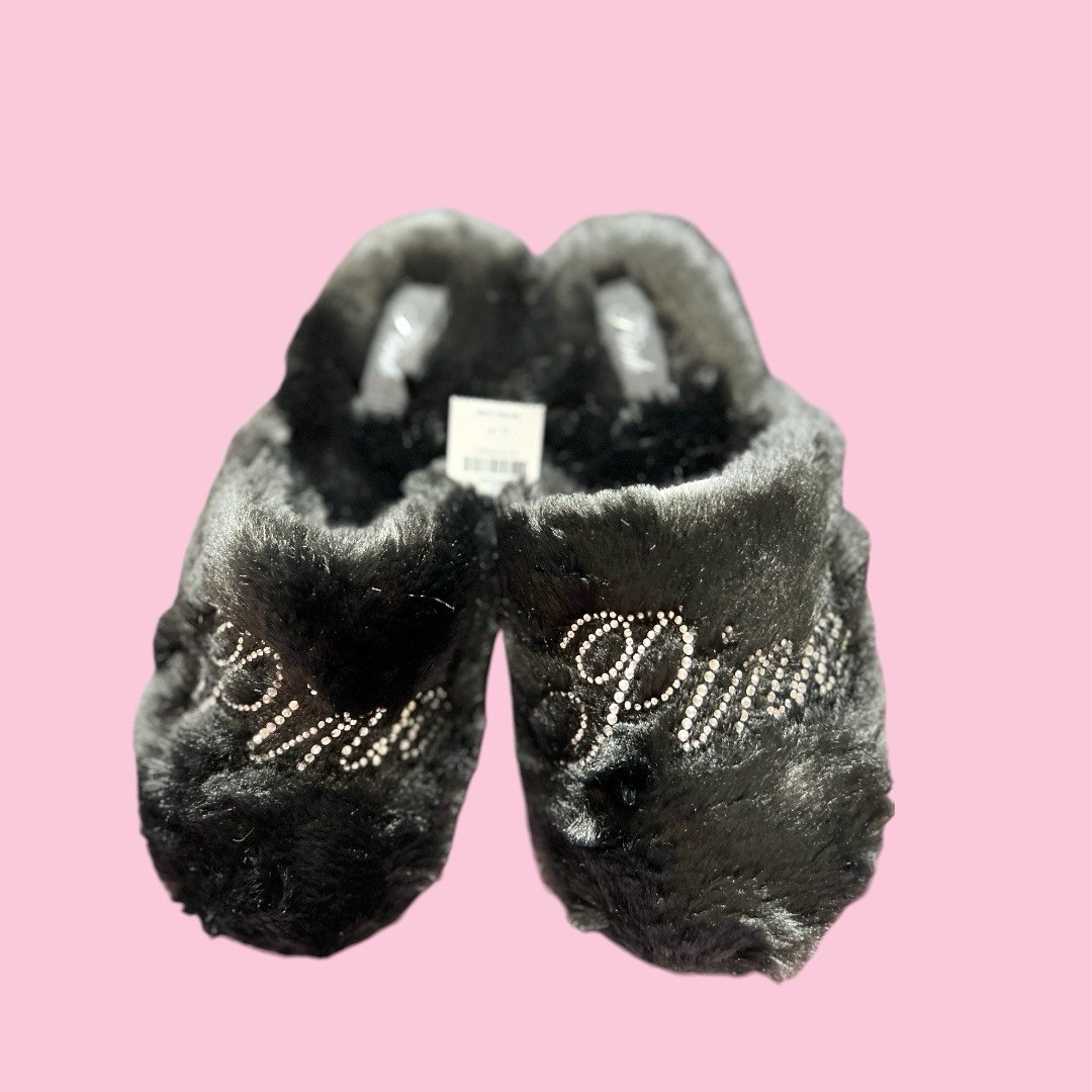 PINK LARGE BLACK RHINESTONE FAUX FUR CLOSED-TOE SLIPPERS