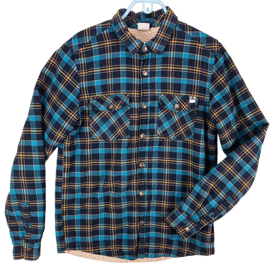 DC Shoes Flannel Jacket Men's Small Fleece Lined Plaid Blue Yellow Snaps