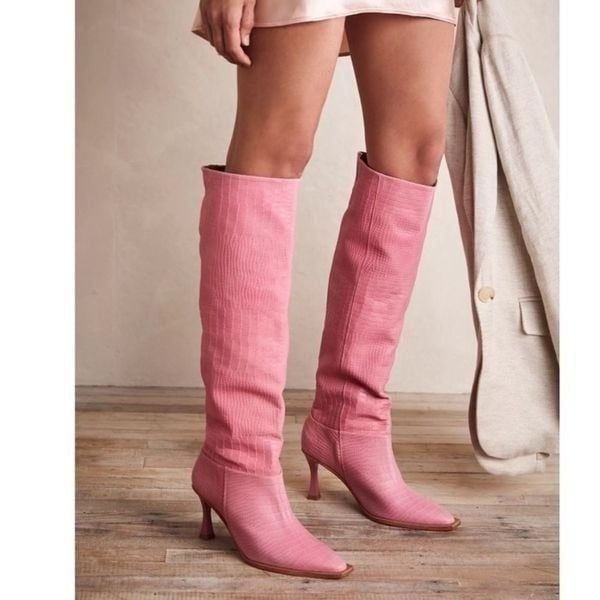 Free People x Vicenza Friday Fever Pink Croc Heel Knee High Heel Boots | 8 NIB