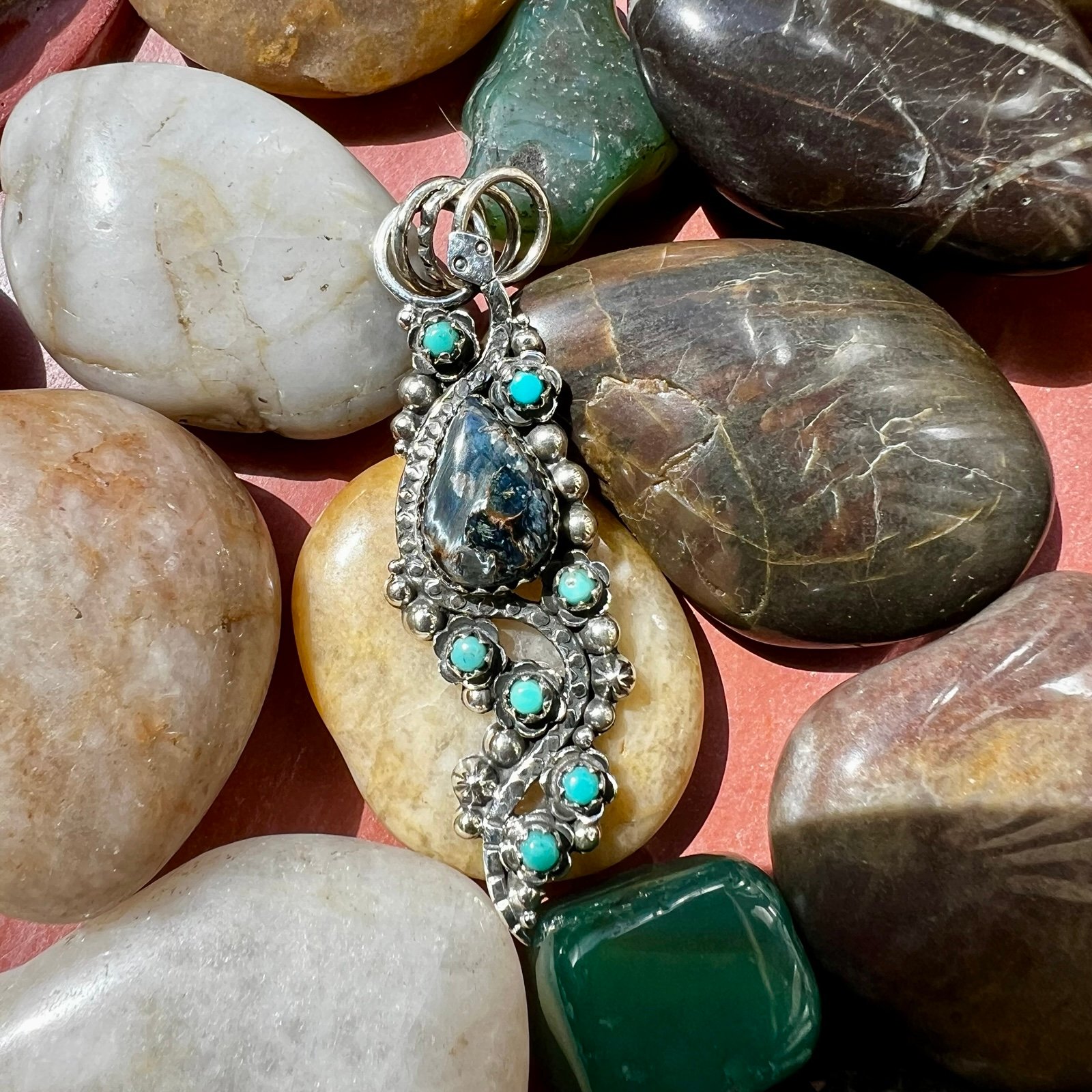 925 Sterling Silver Snake Pendant With Pietersite & Turquoise