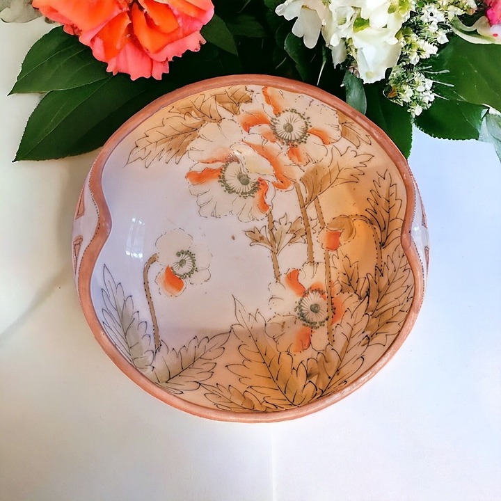 Antique Nippon Walnut Bowl Bone China Floral 6.5 Candy Trinkets Collectible
