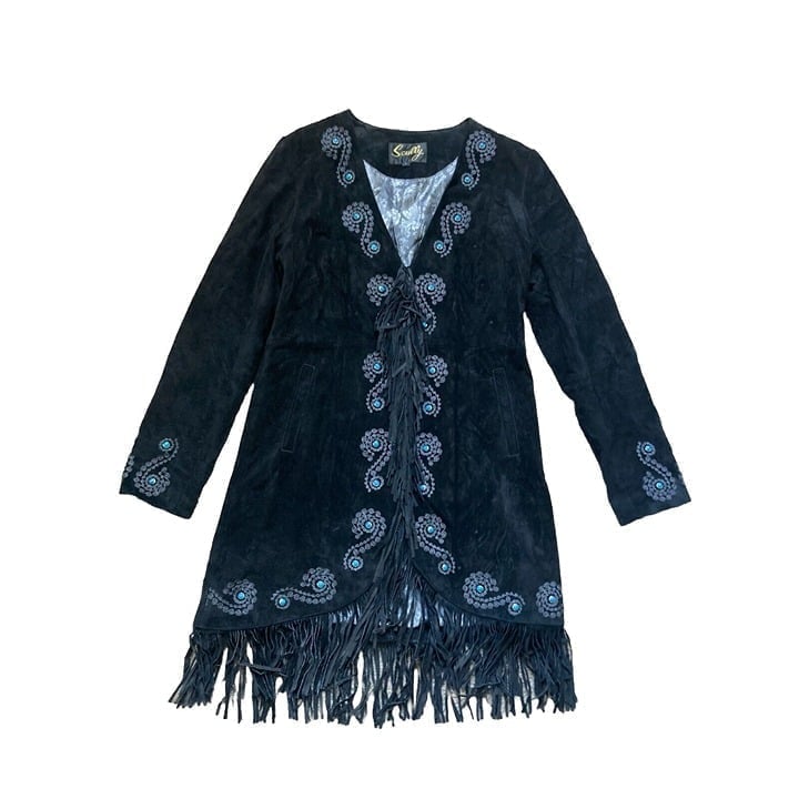 SCULLY Suede Leather Western Coat Jacket Fringe Turquoise Size Large