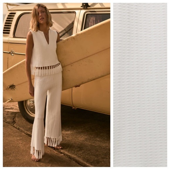 NWT. Zara White Viscose Blend Knit Fringed Trousers. Size M.