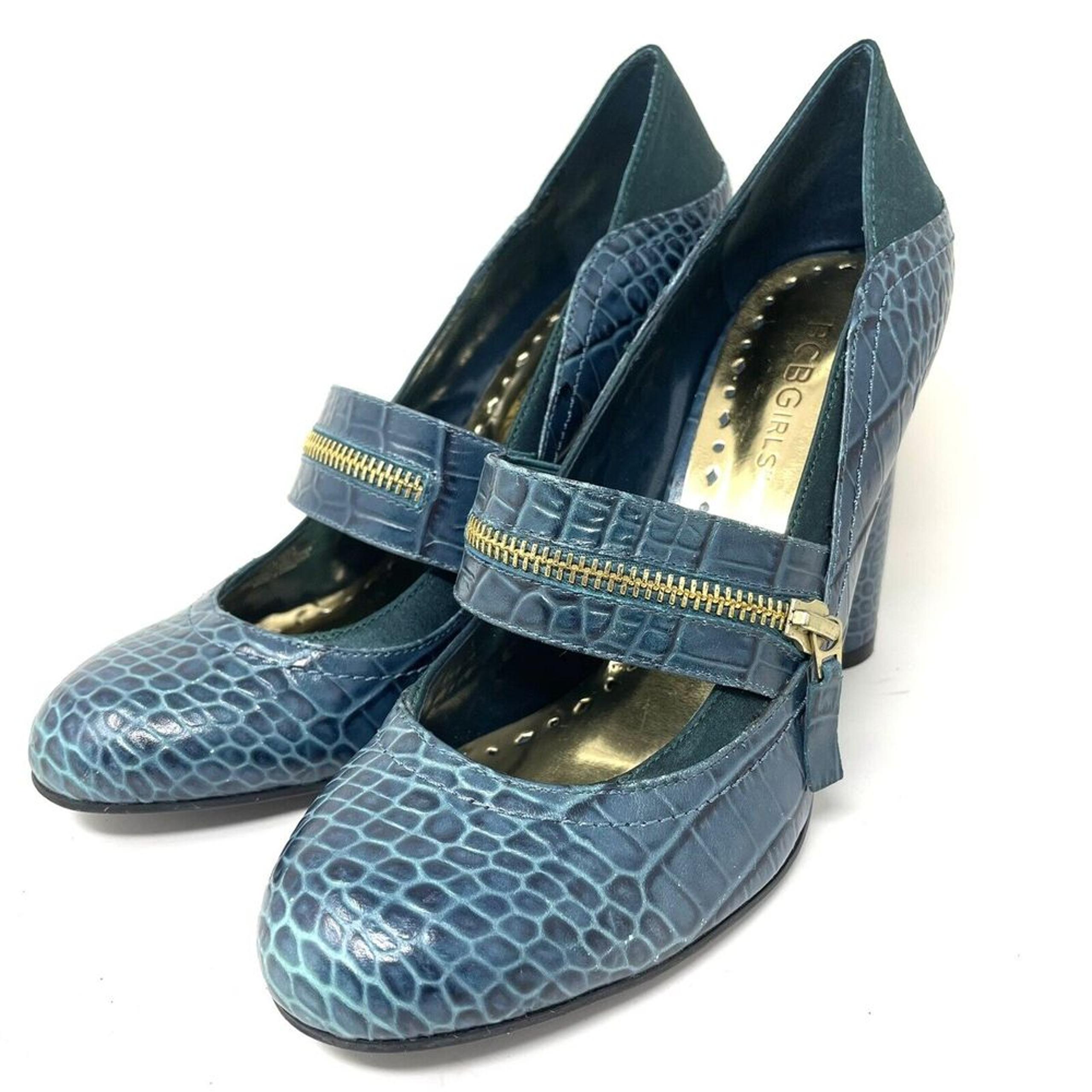 BCBGirls Pumps Heels Size 7.5 Teal Leather Faux Crocodile Maryjane Shoes