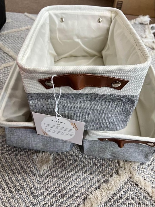 3 Pack Decorative Linen Closet Baskets with Handles Grey and White - NEW
