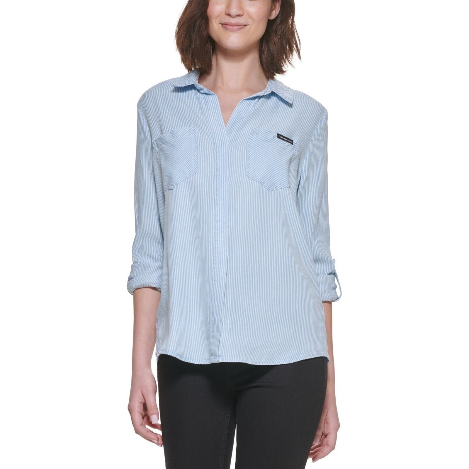 Calvin Klein Jeans Petite Striped Shirt Blue Button Front Size PL Roll Sleeve
