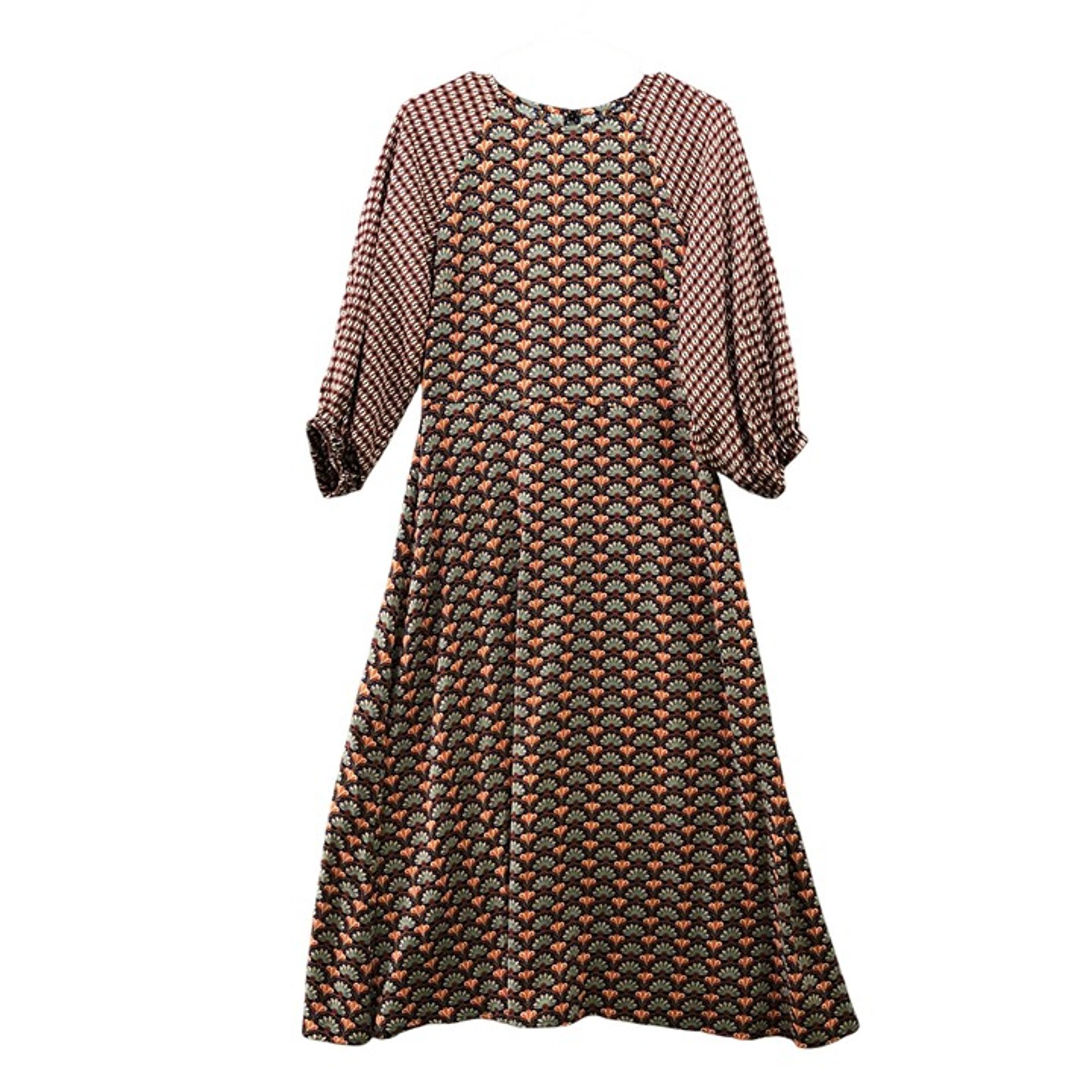 Traffic People 3/4 Sleeve Boho Midi Dress Womens M A-Line Ethnic Brown Printed