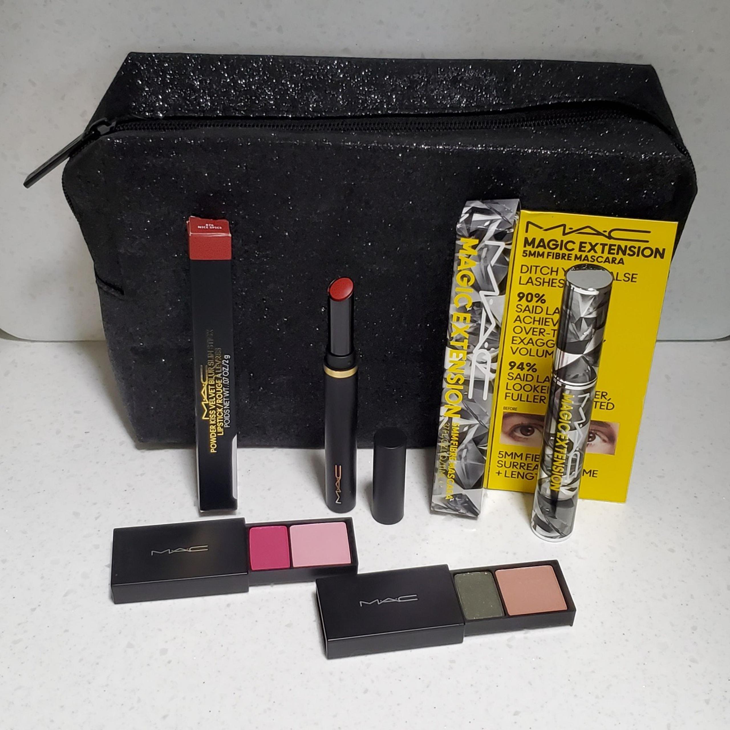 MAC Cosmetic Makeup Set Bundle Lipstick Extensions Mascara Eyeshadow Holiday Bag