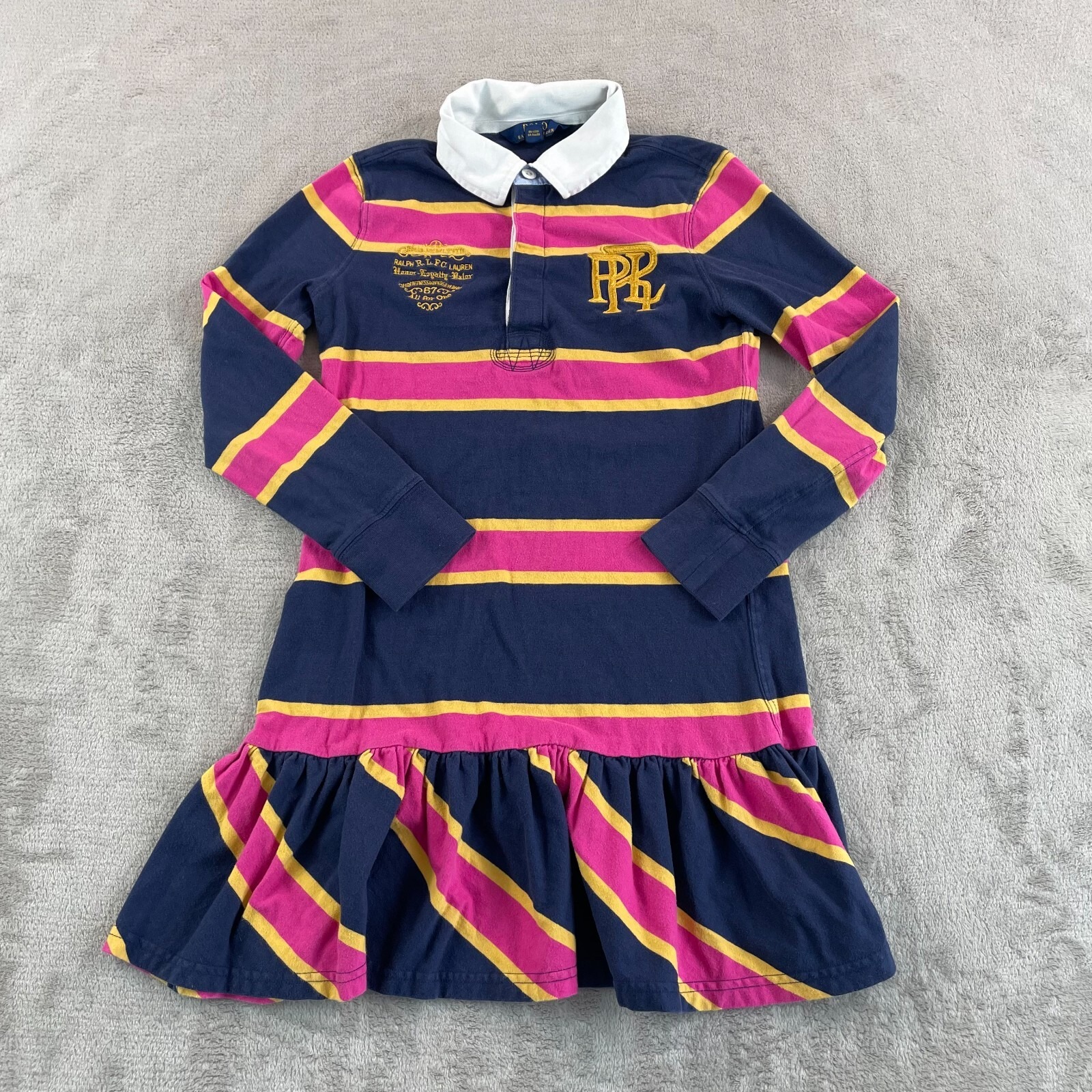 Polo Ralph Lauren Dress Girls Medium 8-10 Blue Pink Striped PRL Embroidered Prep