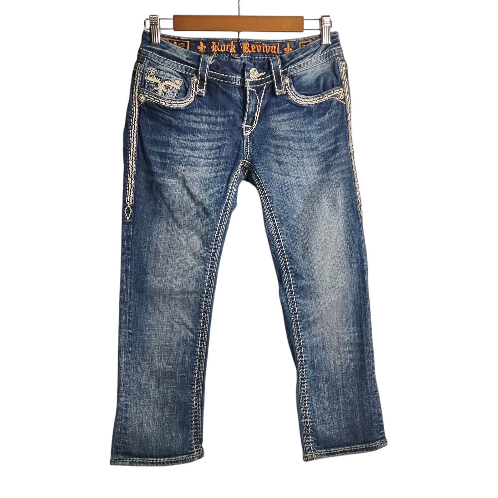 Rock Revival Women's Blue Embroidered Crop Jeans Size 26