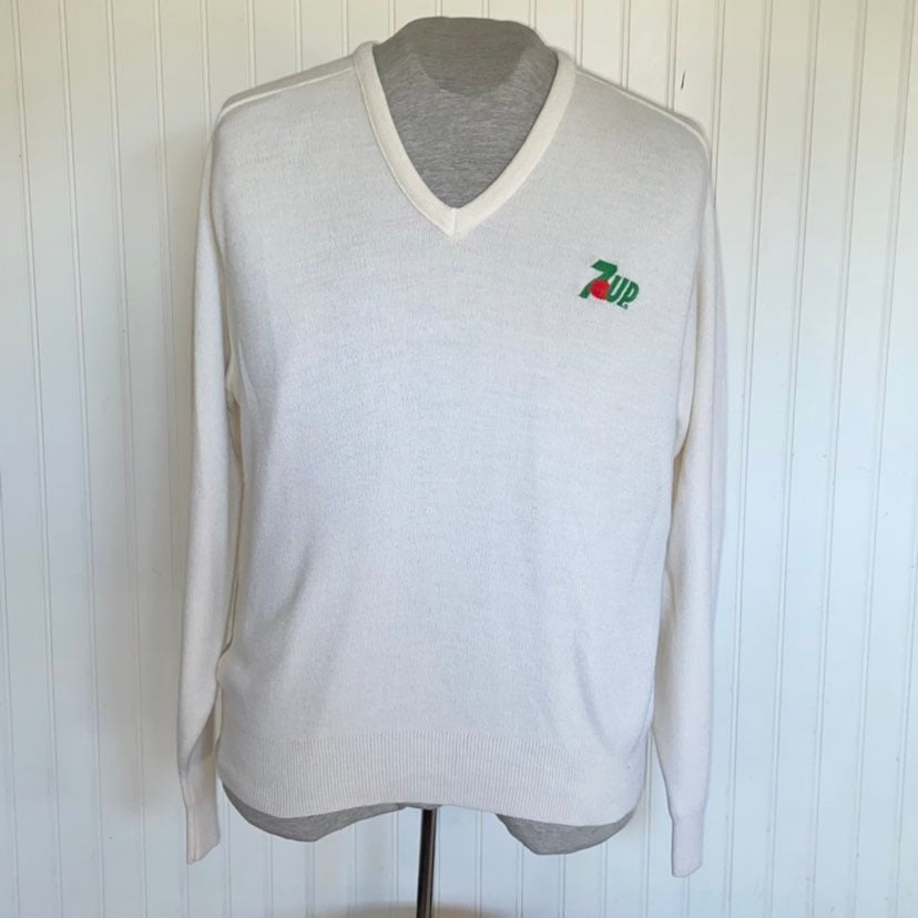 Vintage 7-Up Sweater Men's XL Off White Pine State Long Sleeve V Neck Orlon USA