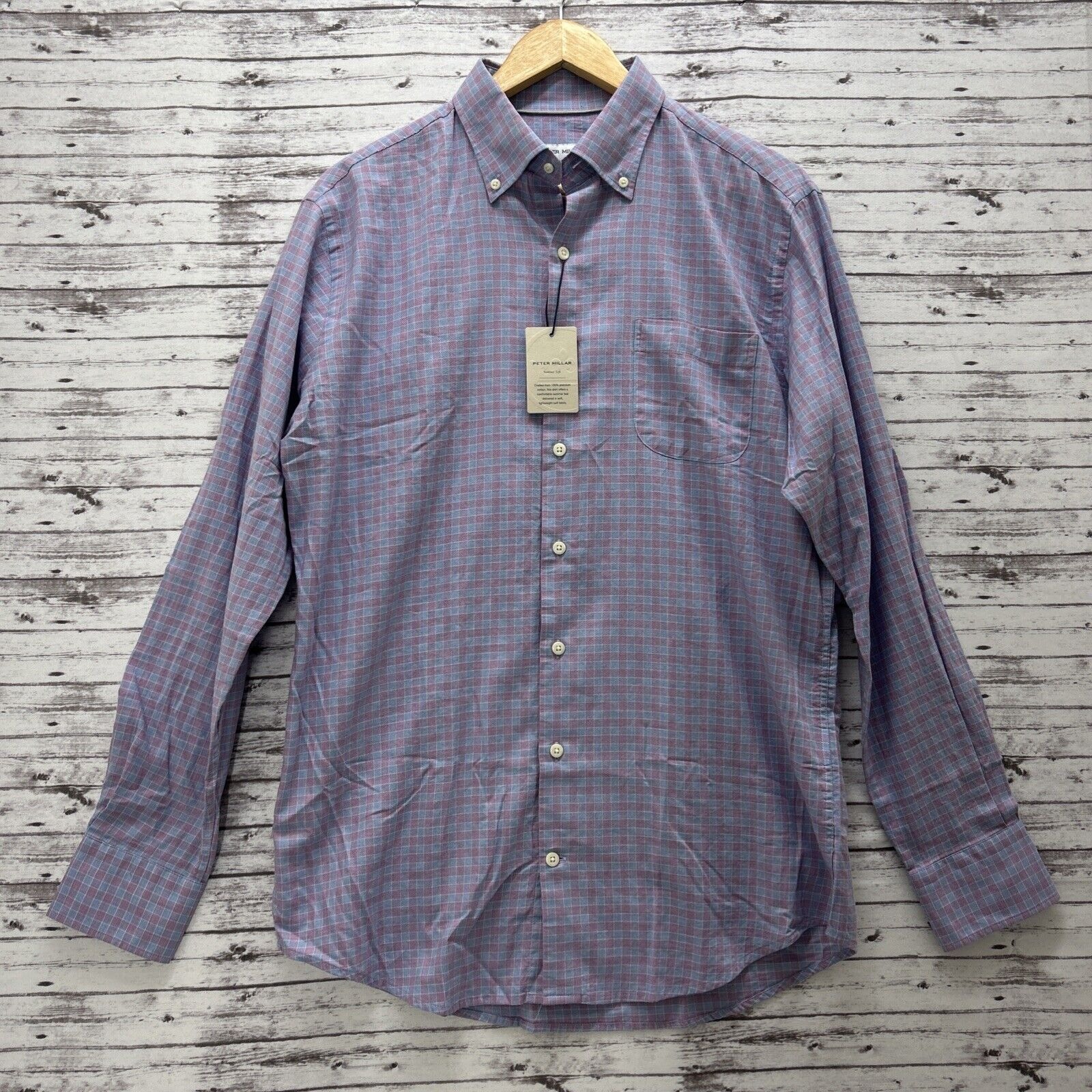 Peter Millar Summer Button Up Shirt Men's Medium Plaid Blue Soft 100% Cotton