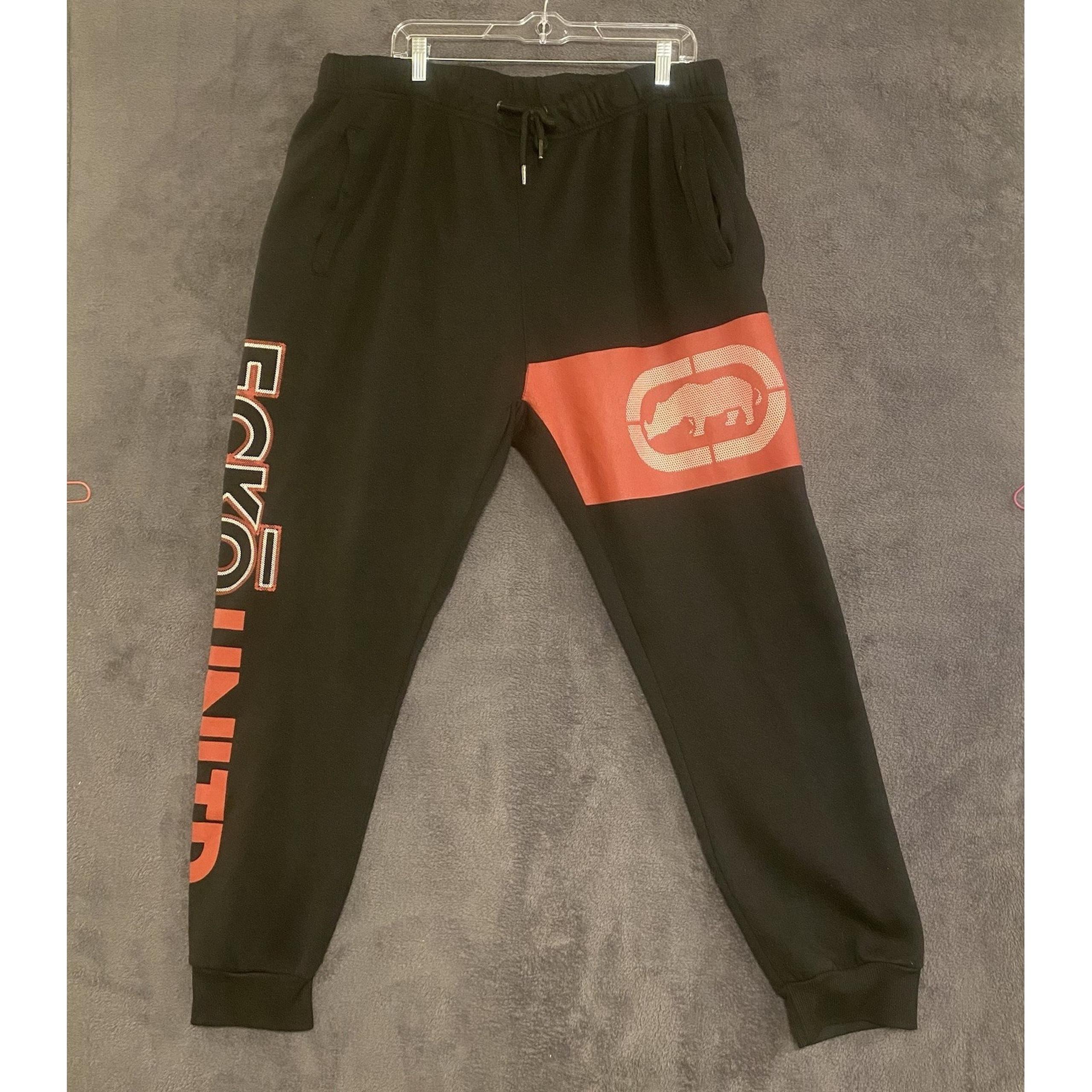 Vintage Ecko Mens Sweatpants Black 3XL Y2K Fleece Joggers Graphic Print Bottoms
