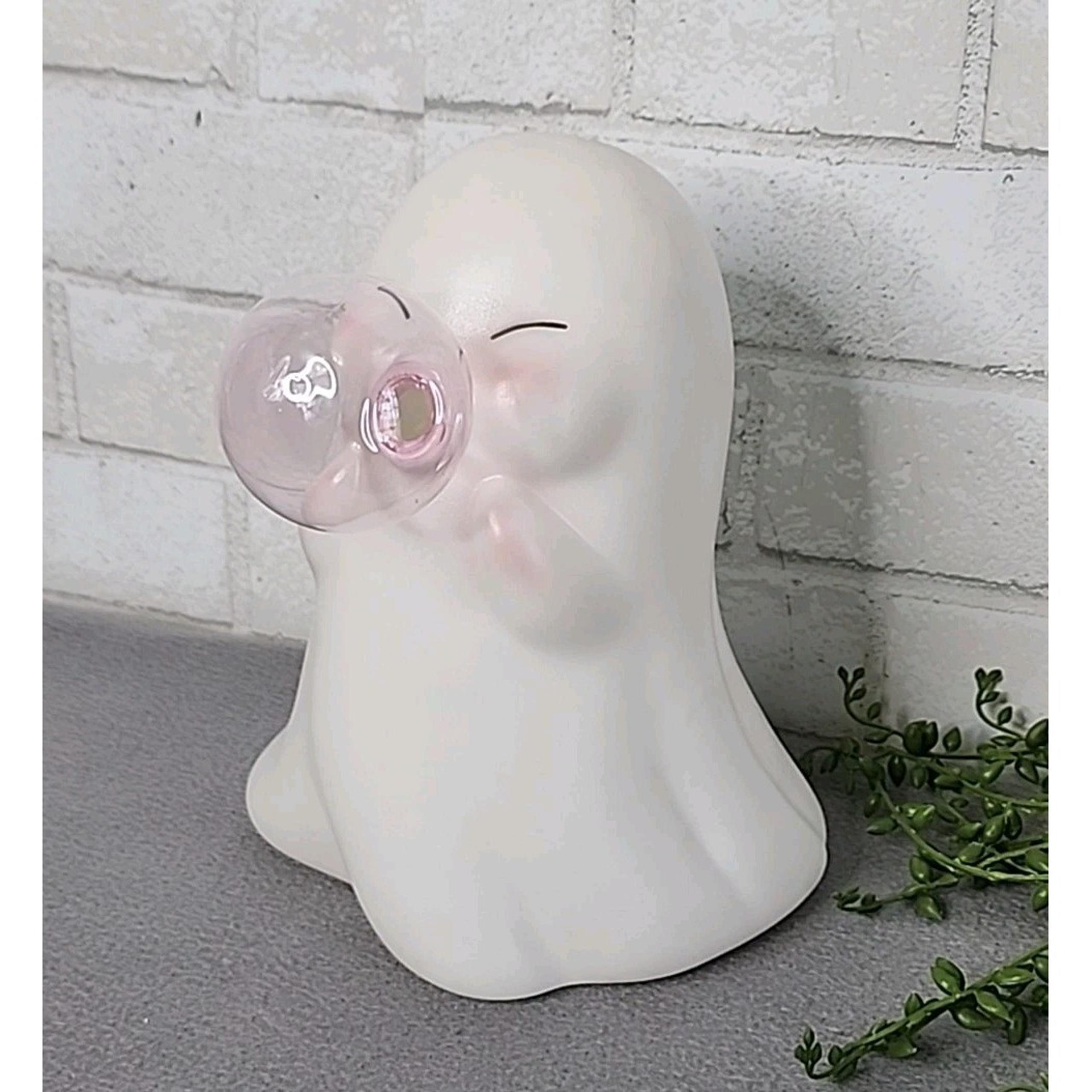 Eyes Closed Blow Mold Ghost with Pink Bubble Cute Charming Whimsical Halloween