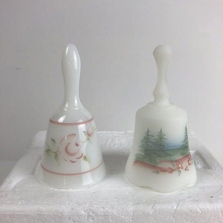 Fenton Lot Of 2 Custard And Satin Glass Bells Hand Painted With Sticker And Sign